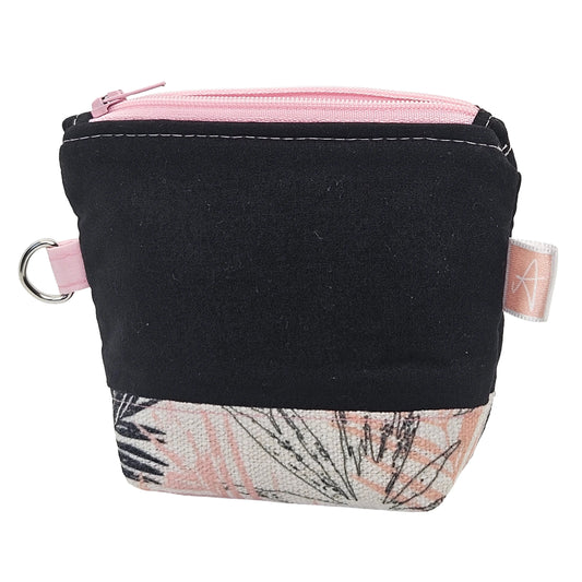 Black and Pink Floral Pattern Handmade Mini D-Ring Zipper Pouch