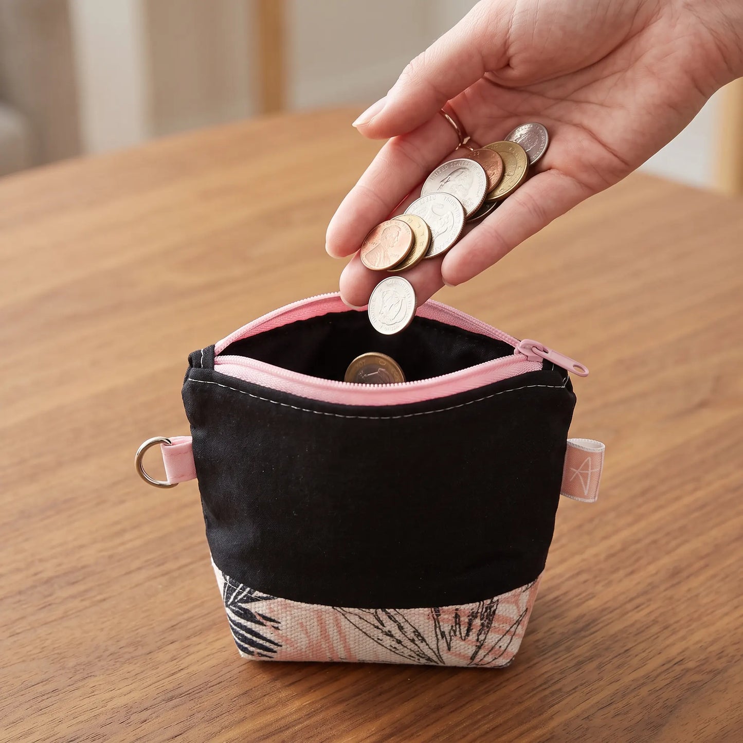Black & Pink Tropical Palm Zipper Coin Pouch