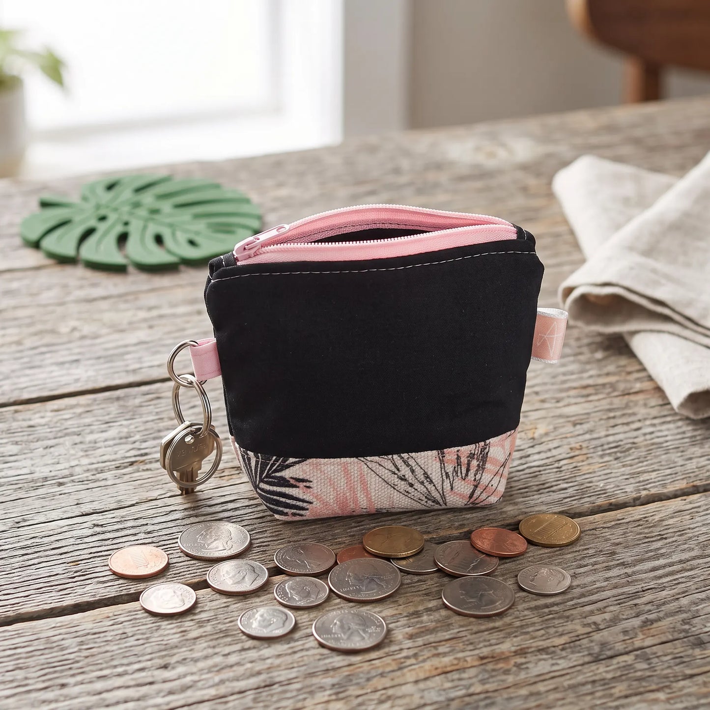 Black & Pink Tropical Palm Zipper Coin Pouch