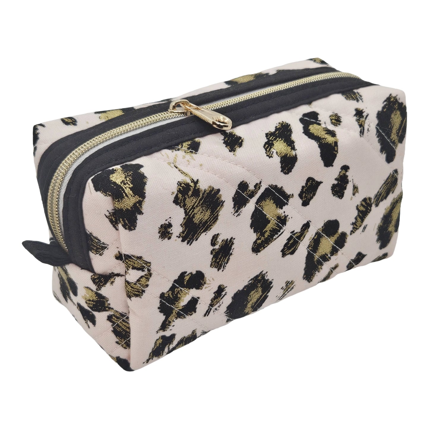 Light Pink Gold Leopard Pattern Black Accented Quilted Pattern Mini Zipper Box Pouch
