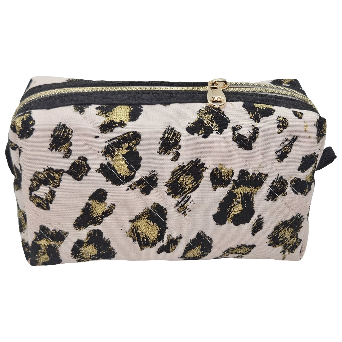 Light Pink Gold Leopard Pattern Black Accented Quilted Pattern Mini Zipper Box Pouch