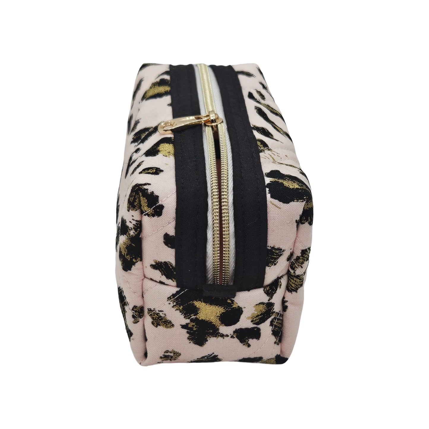 Light Pink Gold Leopard Pattern Black Accented Quilted Pattern Mini Zipper Box Pouch
