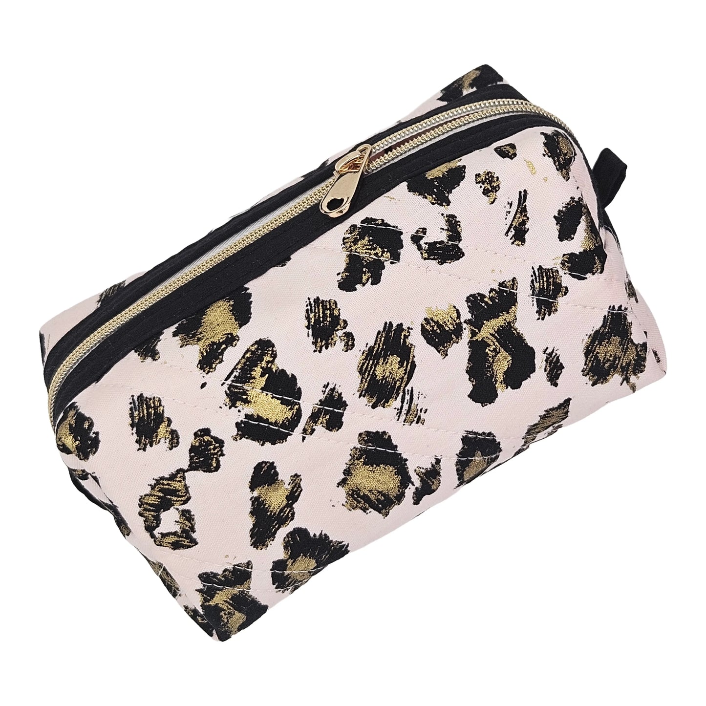 Light Pink Gold Leopard Pattern Black Accented Quilted Pattern Mini Zipper Box Pouch