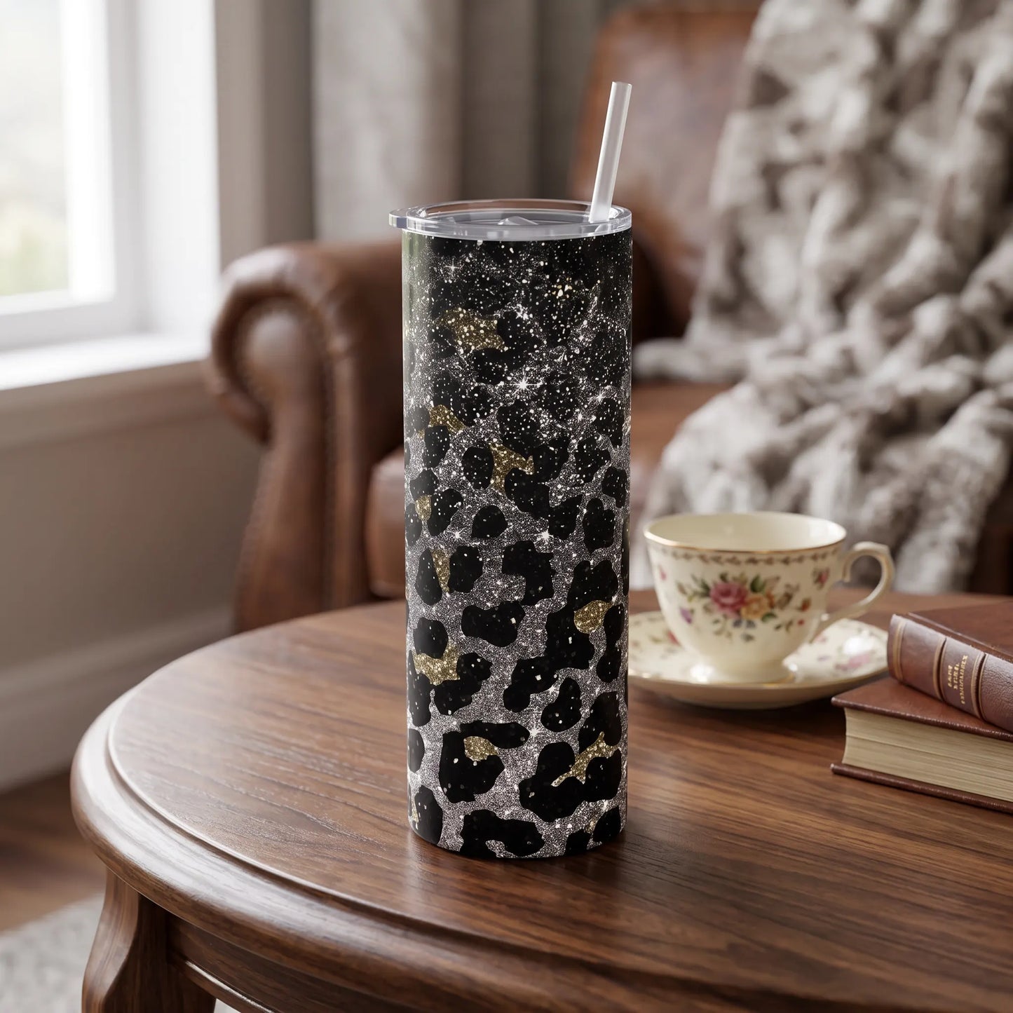 Black & Gold Glitter Leopard Print 20oz Skinny Tumbler