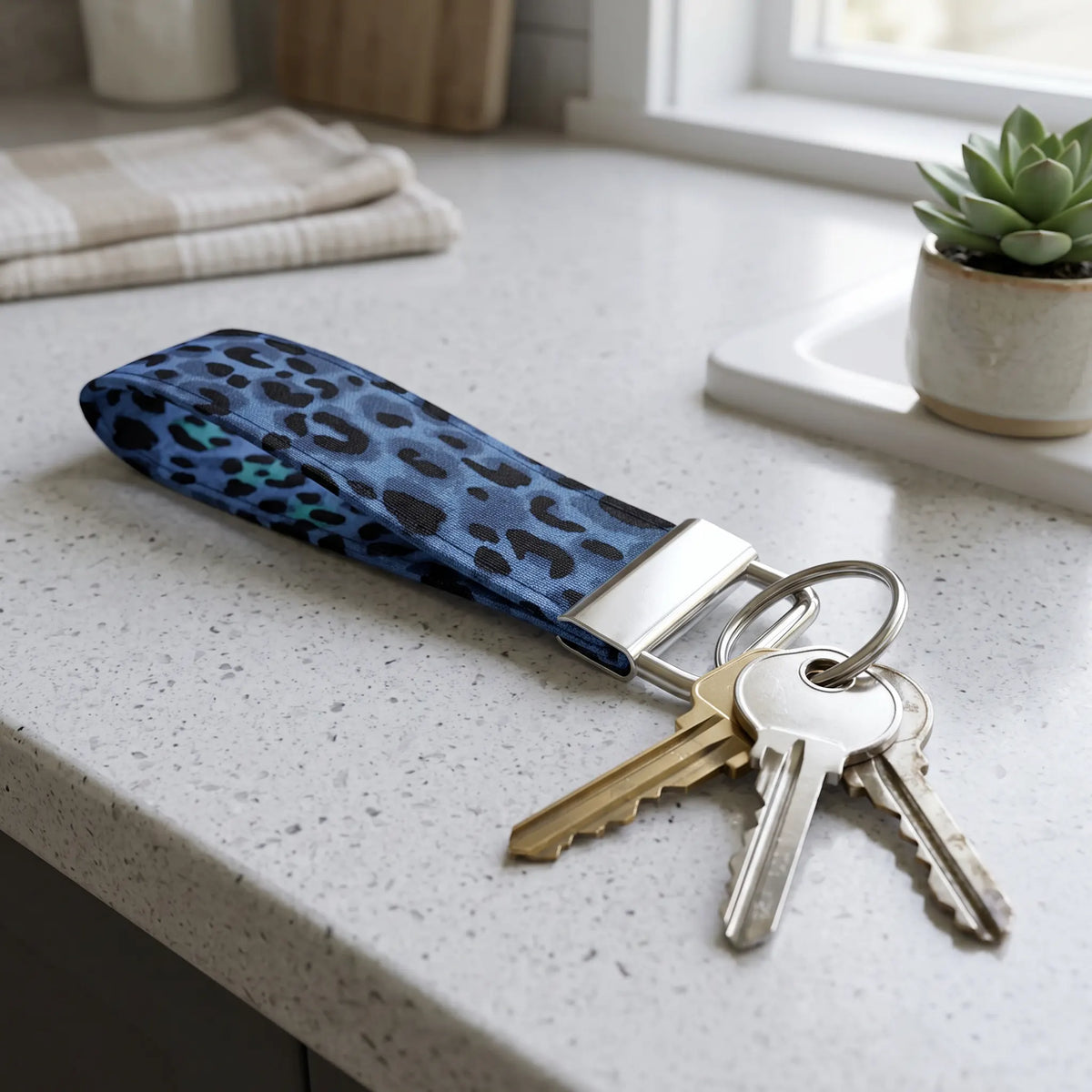 Blue Leopard Print Keychain Wristlet