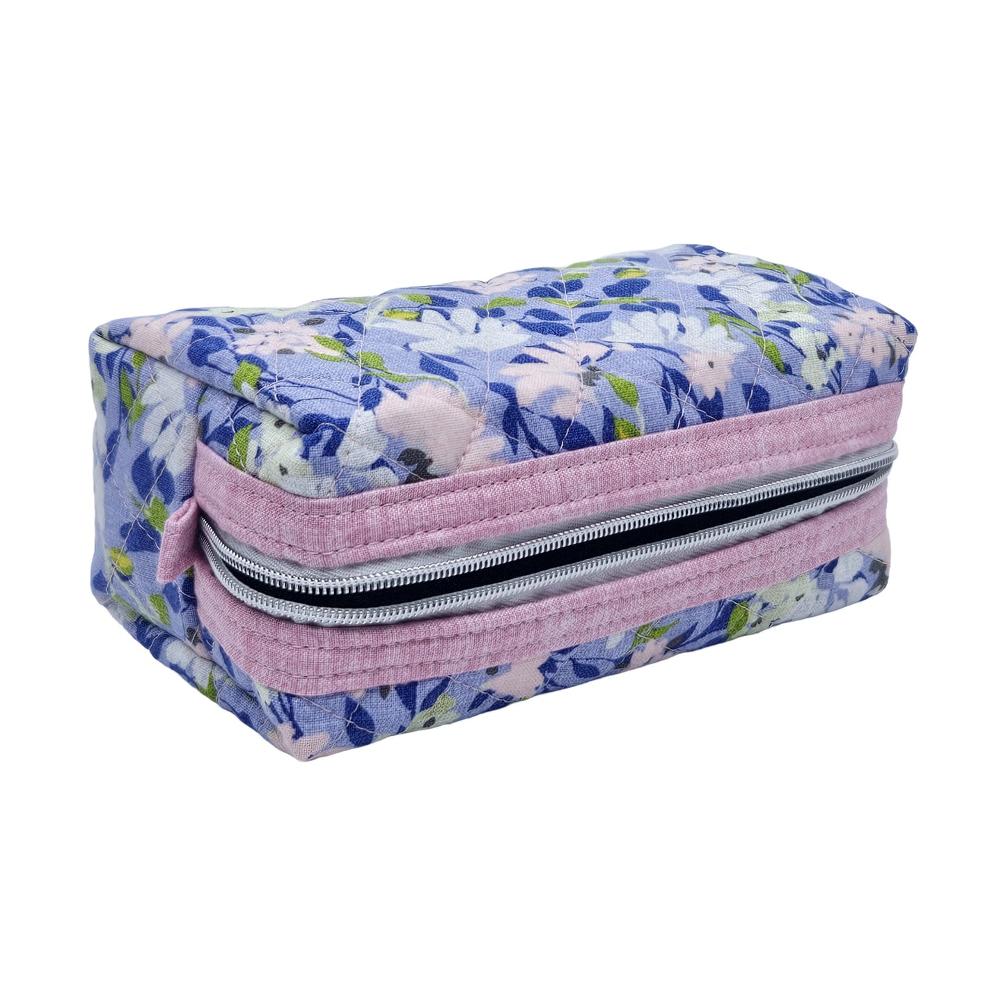 Pastel Purple Floral Light Pink Accented Quilted Pattern Mini Zipper Box Pouch