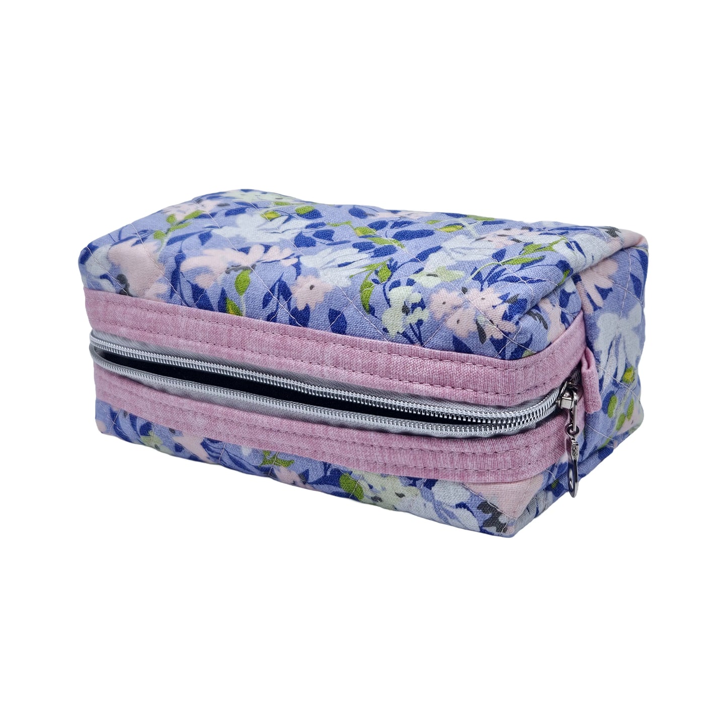 Pastel Purple Floral Light Pink Accented Quilted Pattern Mini Zipper Box Pouch
