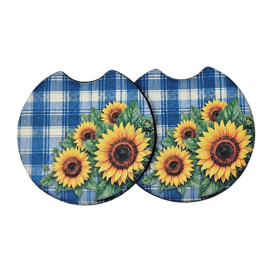 Blue Plaid Sunflower 2 Pack Neoprene Car Coaster Set
