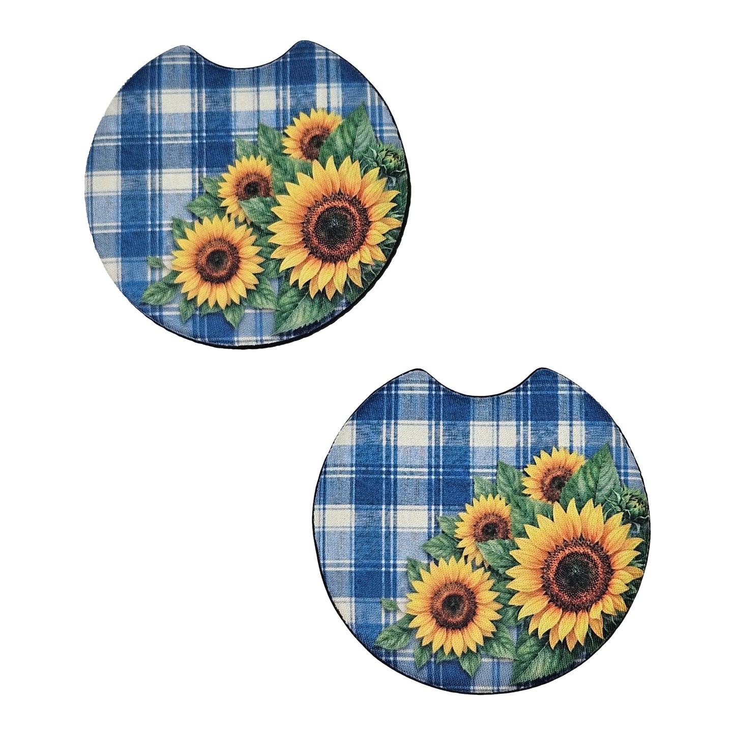 Blue Plaid Sunflower 2 Pack Neoprene Car Coaster Set