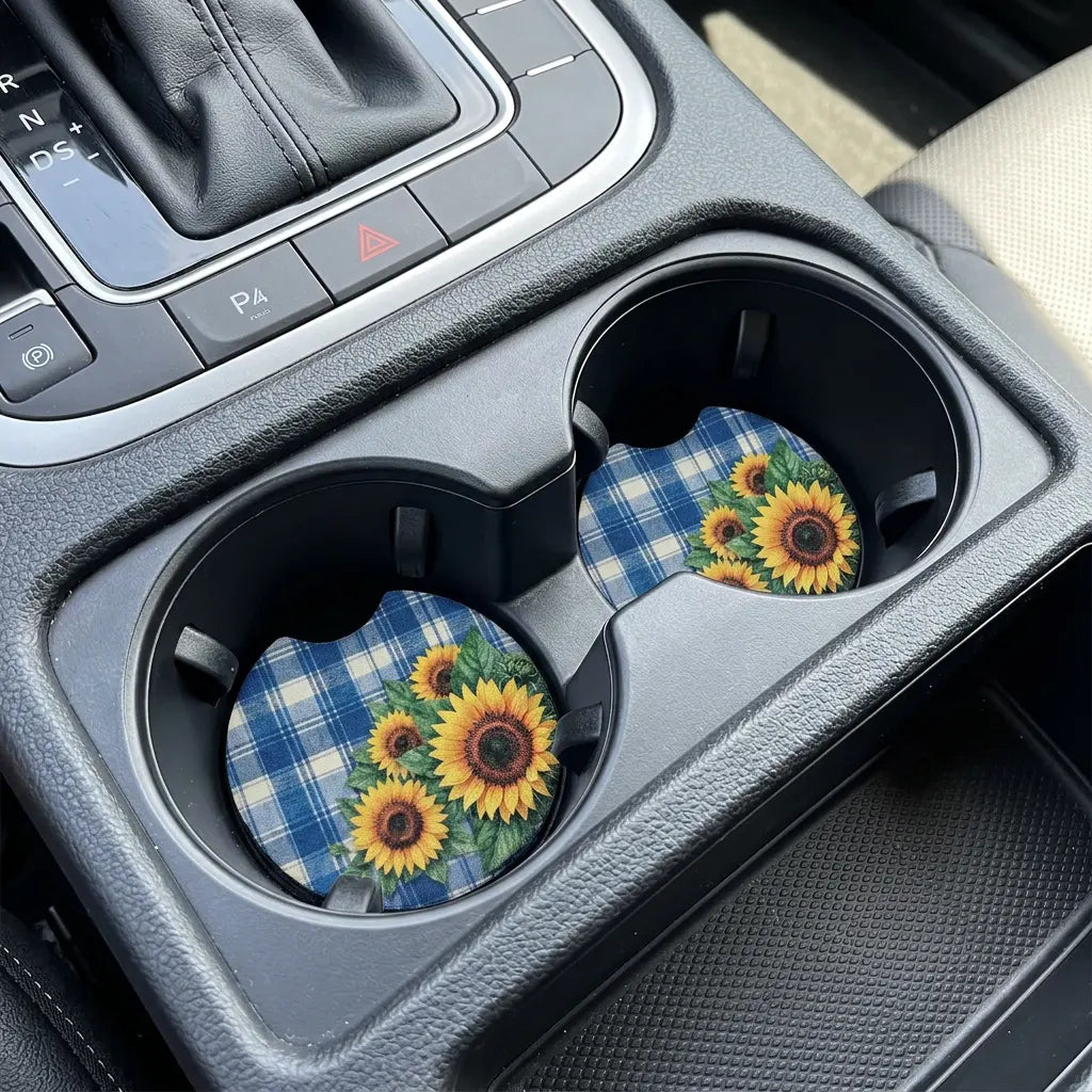 Blue Plaid Sunflower 2 Pack Neoprene Car Coaster Set