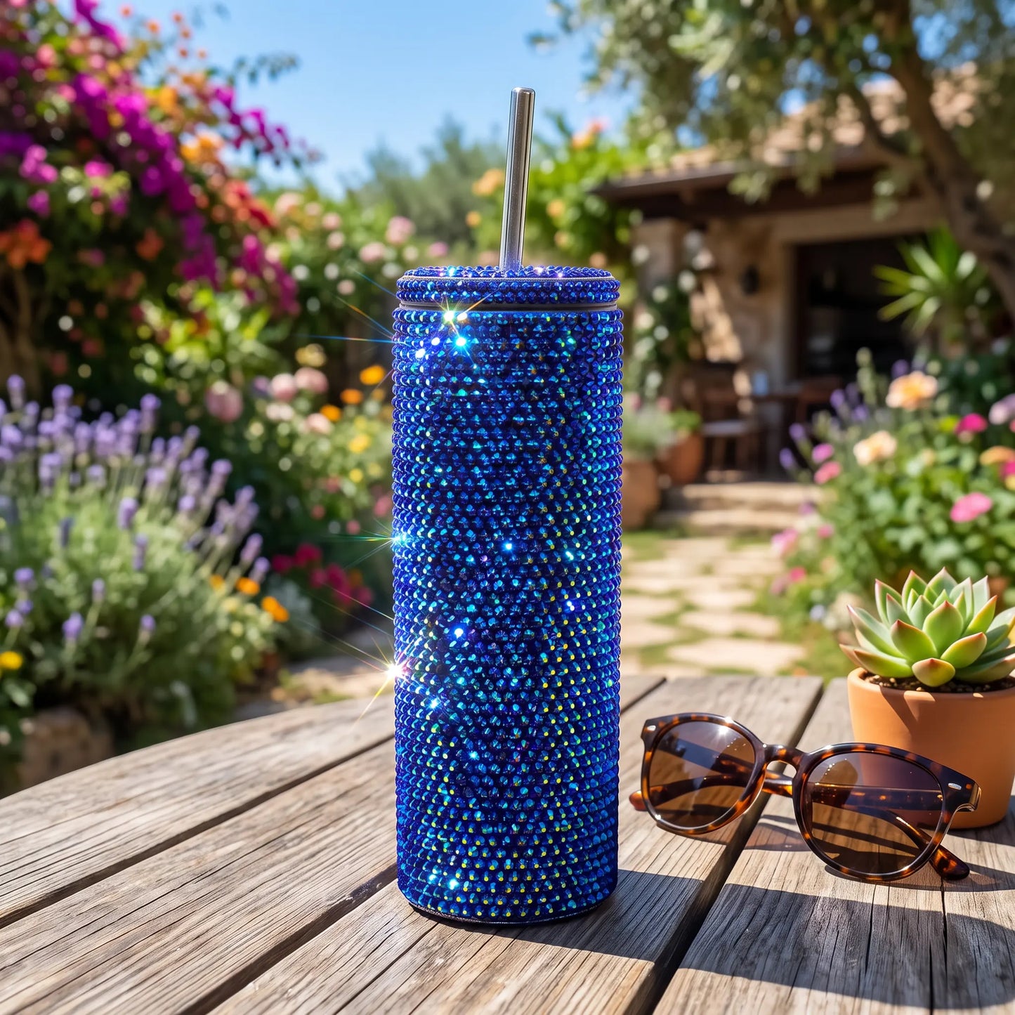 Jet Blue Aurora Borealis Rhinestone Bling 20oz Stainless Steel Tumbler