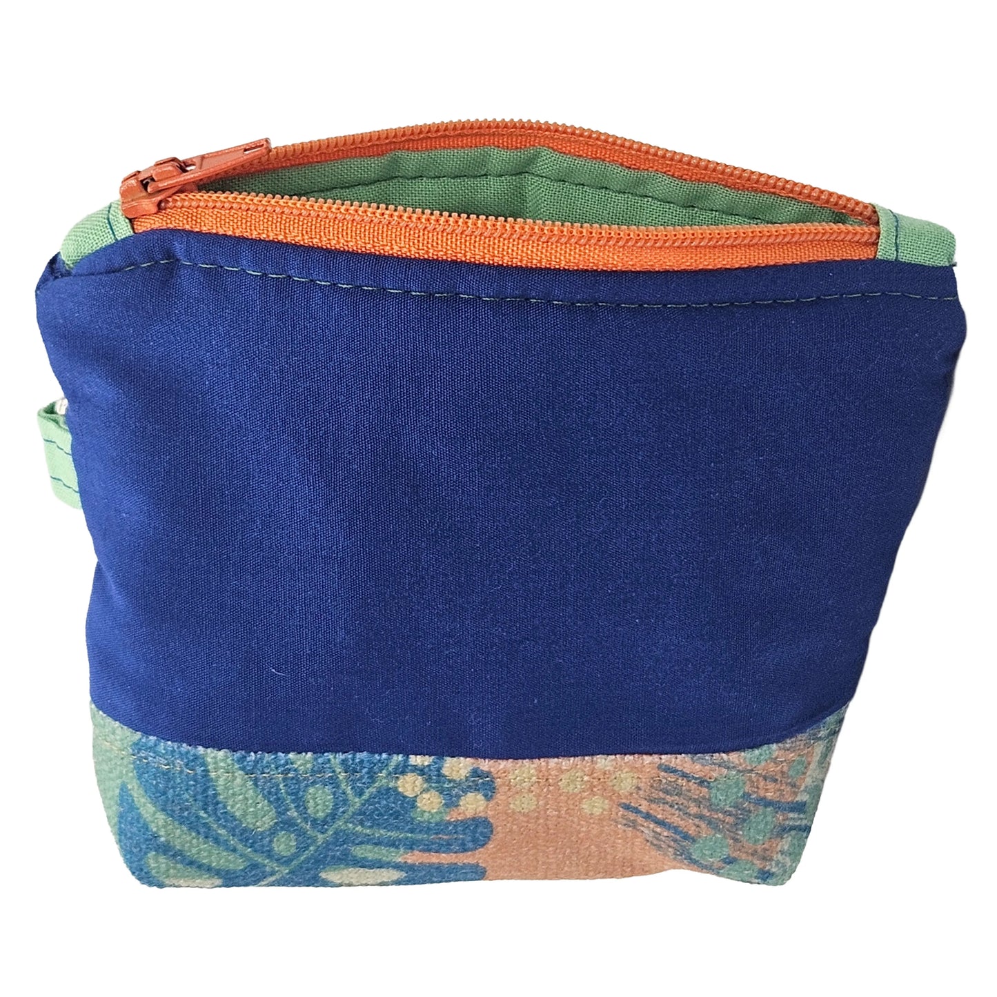 Ocean Blue and Orange Tropical Monstera leaf Pattern Handmade Mini D-Ring Zipper Pouch