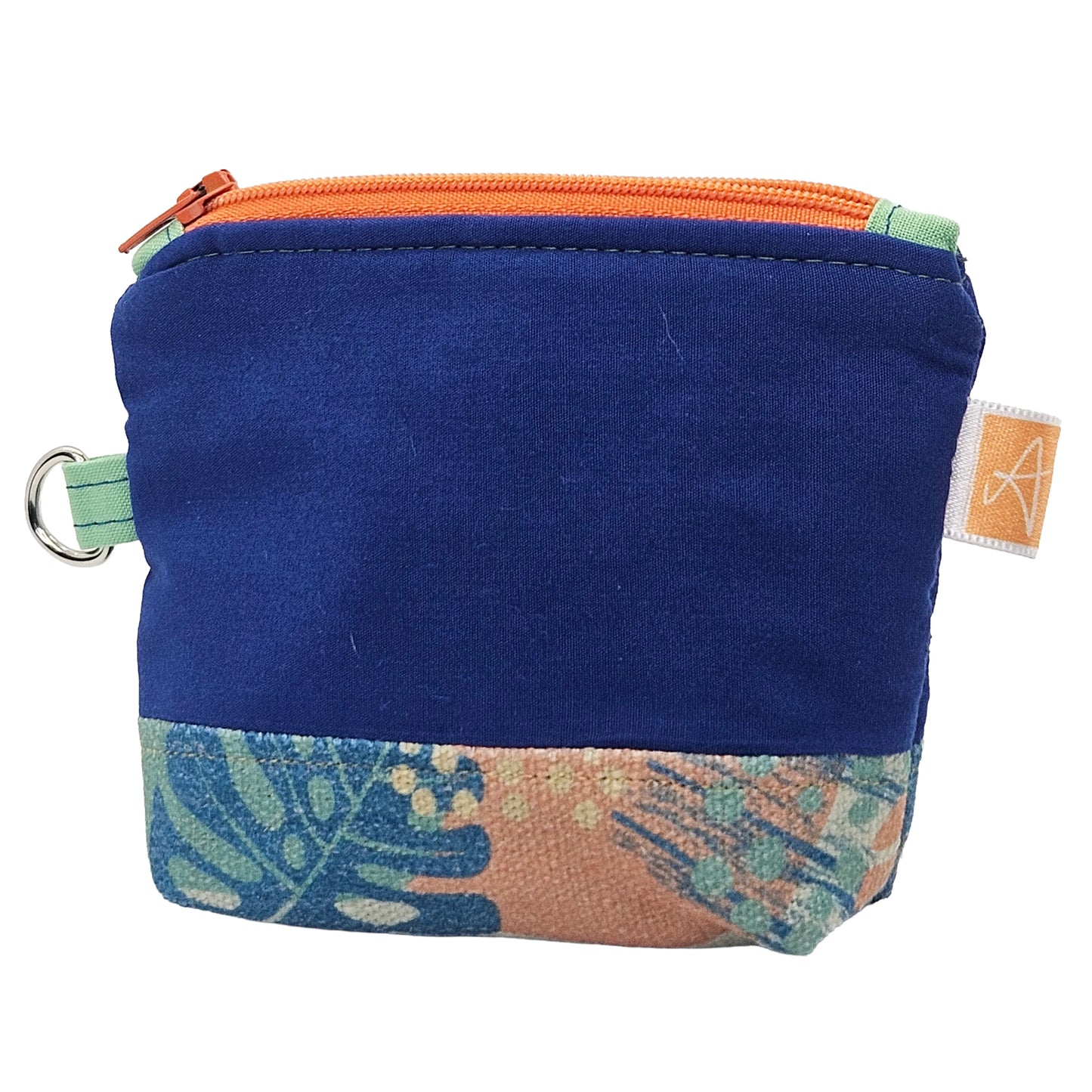 Ocean Blue and Orange Tropical Monstera leaf Pattern Handmade Mini D-Ring Zipper Pouch