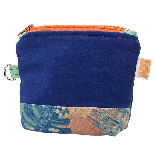 Ocean Blue and Orange Tropical Monstera leaf Pattern Handmade Mini D-Ring Zipper Pouch
