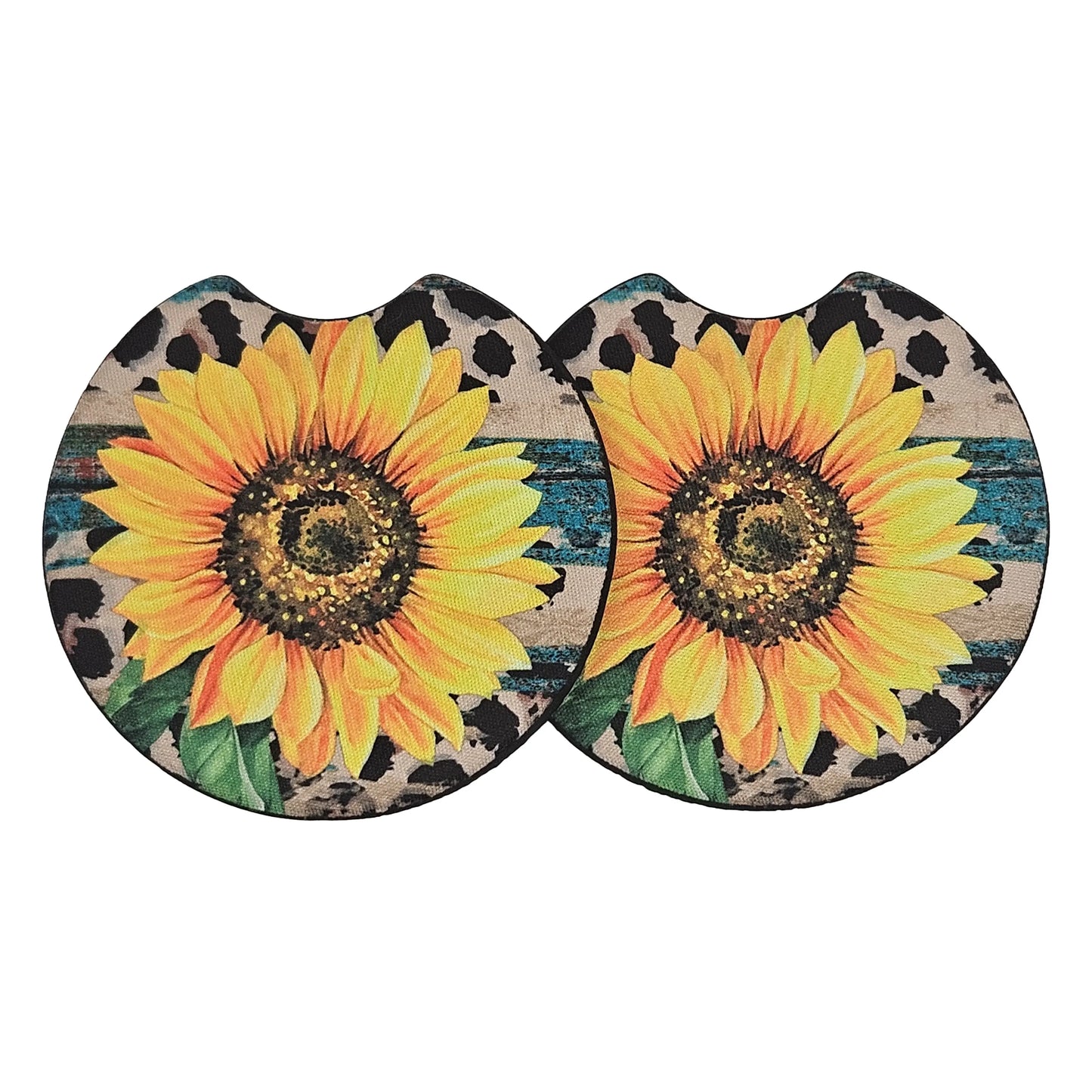 Sunflower Leopard Print 2 Pack Neoprene Car Coaster Set