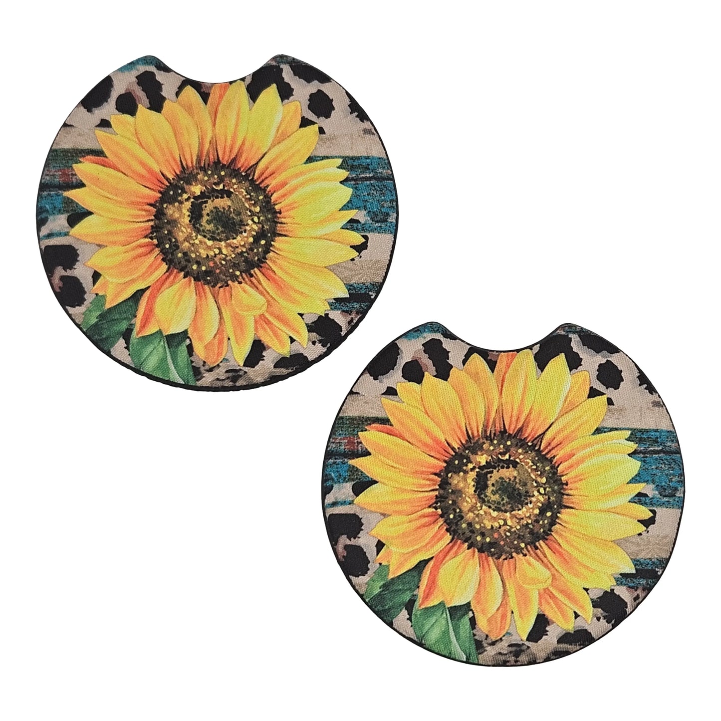 Sunflower Leopard Print 2 Pack Neoprene Car Coaster Set