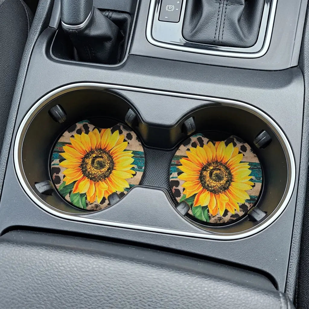 Sunflower Leopard Print 2 Pack Neoprene Car Coaster Set