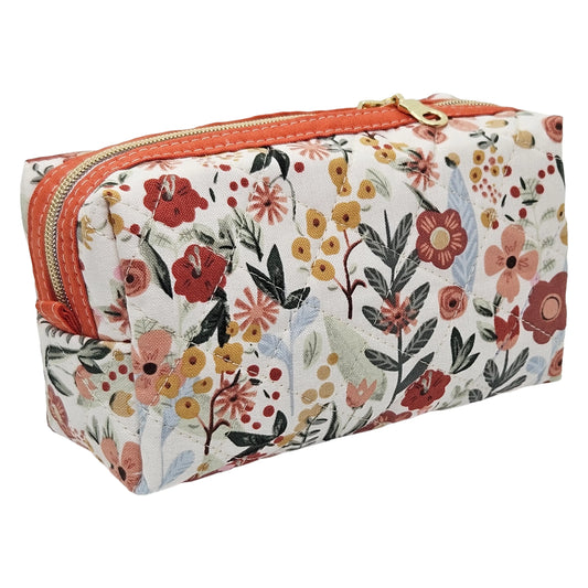 Burnt Red Floral Accented Quilted Pattern Mini Zipper Box Pouch