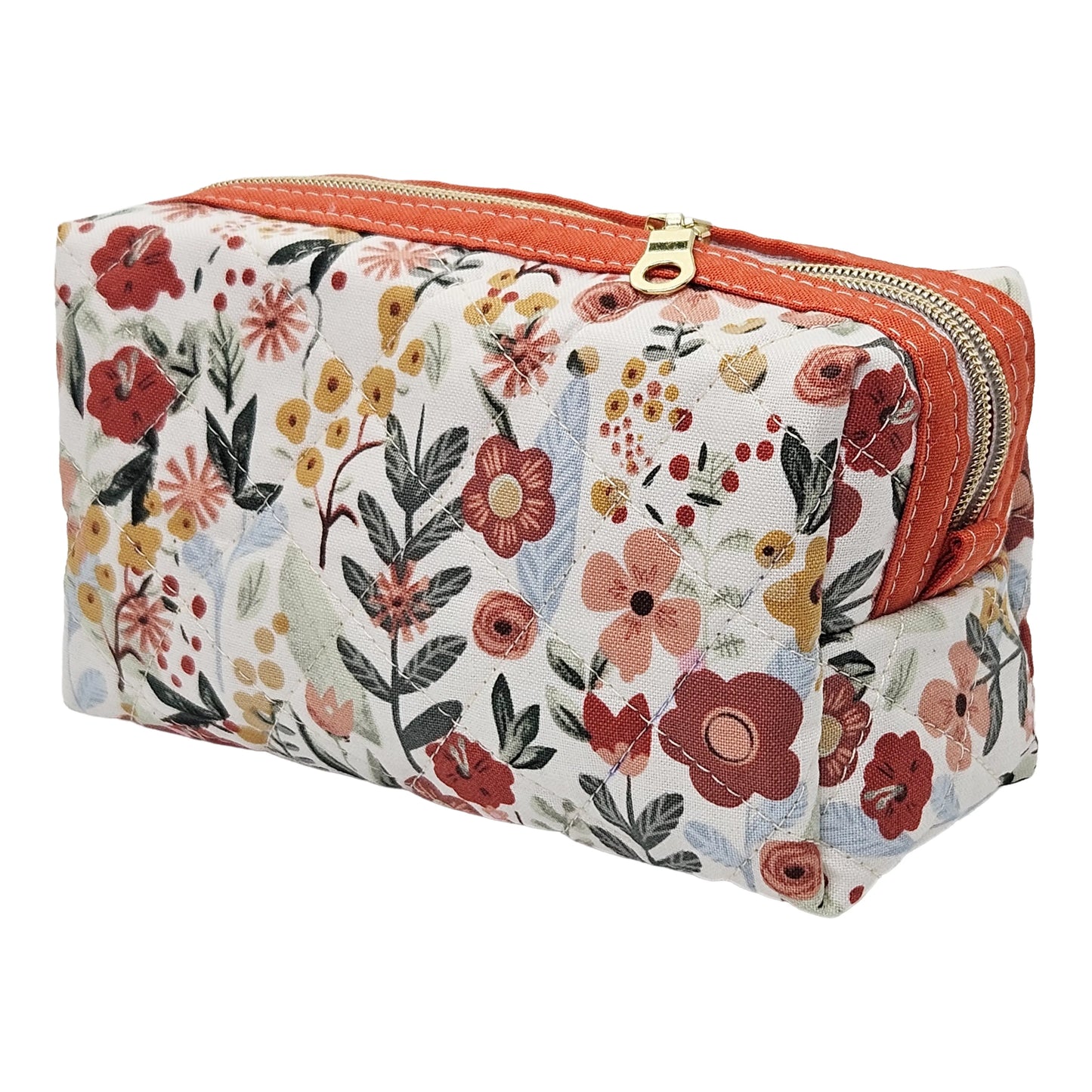 Burnt Red Floral Accented Quilted Pattern Mini Zipper Box Pouch