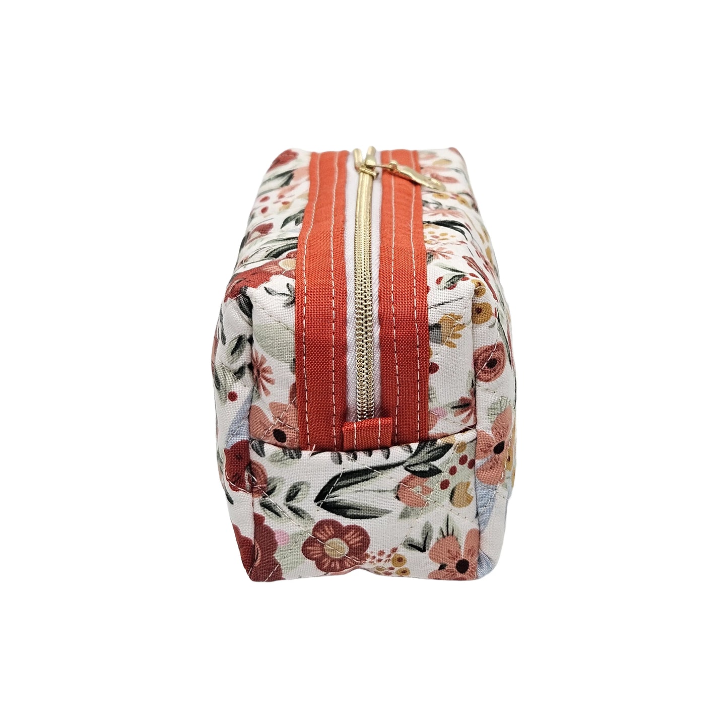 Burnt Red Floral Accented Quilted Pattern Mini Zipper Box Pouch