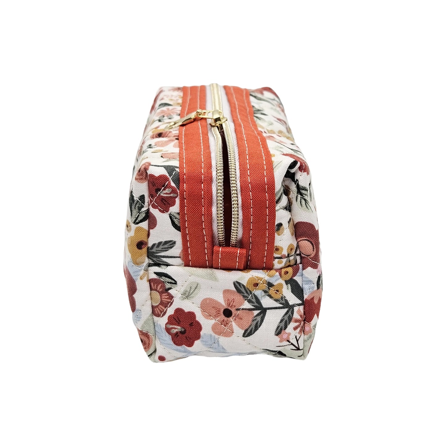 Burnt Red Floral Accented Quilted Pattern Mini Zipper Box Pouch