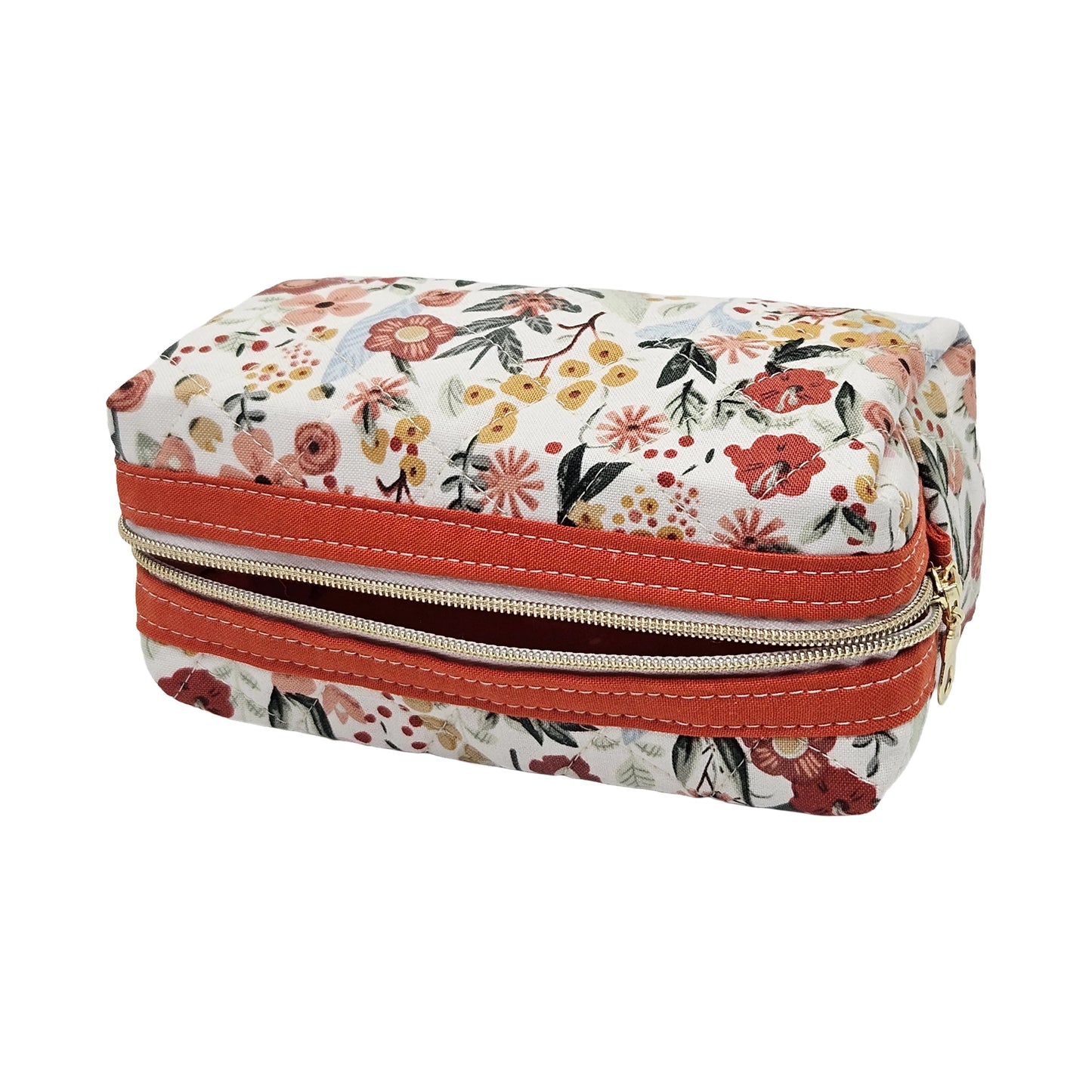 Burnt Red Floral Accented Quilted Pattern Mini Zipper Box Pouch