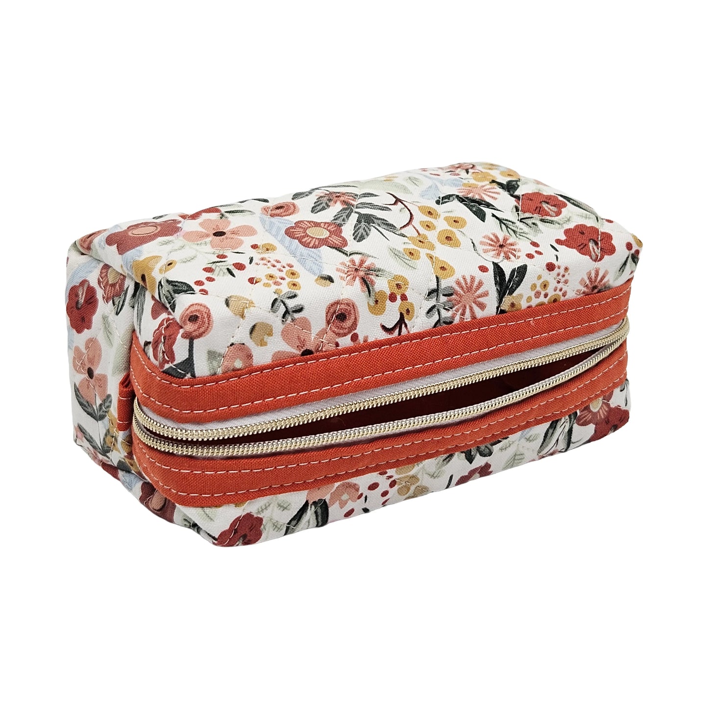 Burnt Red Floral Accented Quilted Pattern Mini Zipper Box Pouch