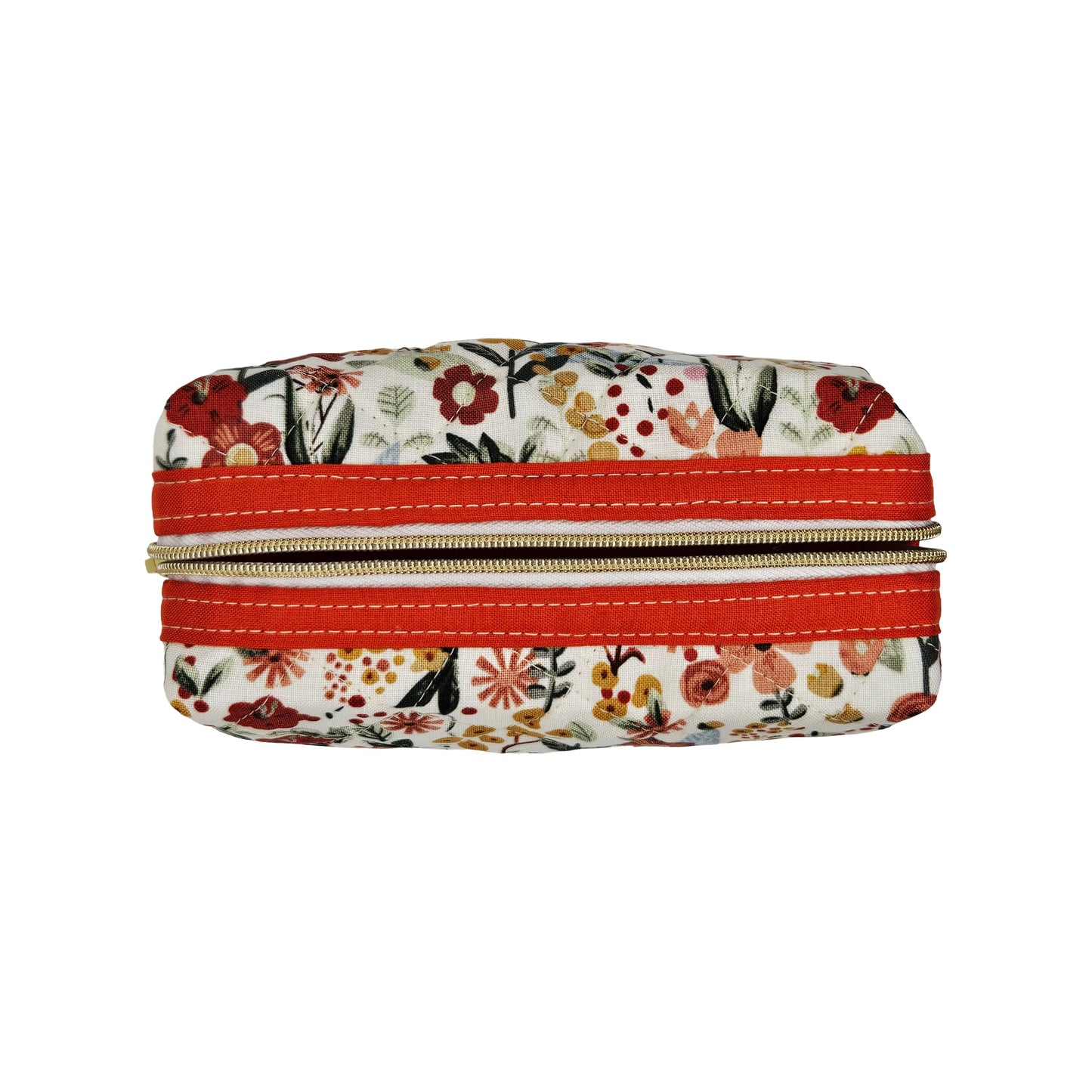 Burnt Red Floral Accented Quilted Pattern Mini Zipper Box Pouch