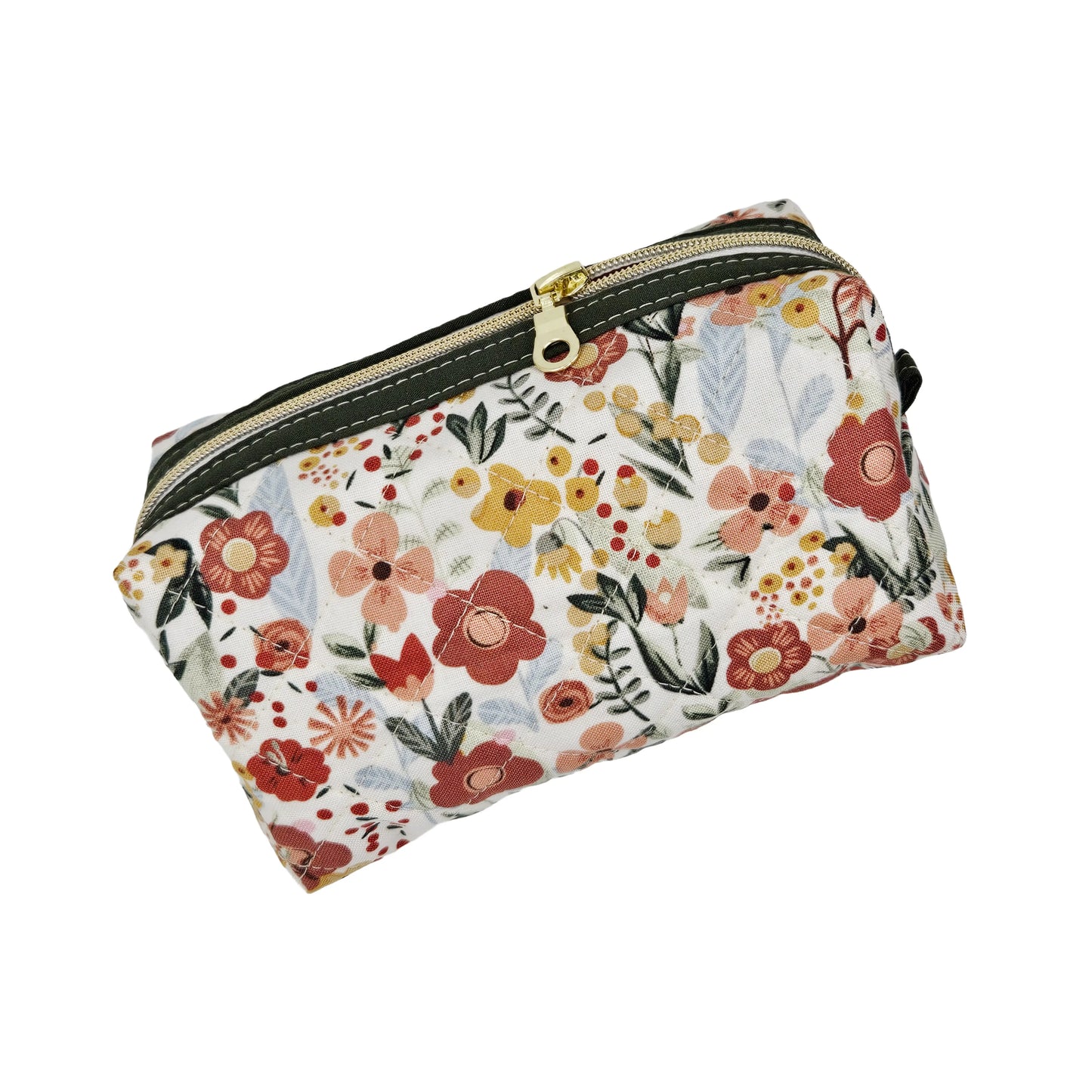 Burnt Red Floral Sage Green Accented Quilted Pattern Mini Zipper Box Pouch
