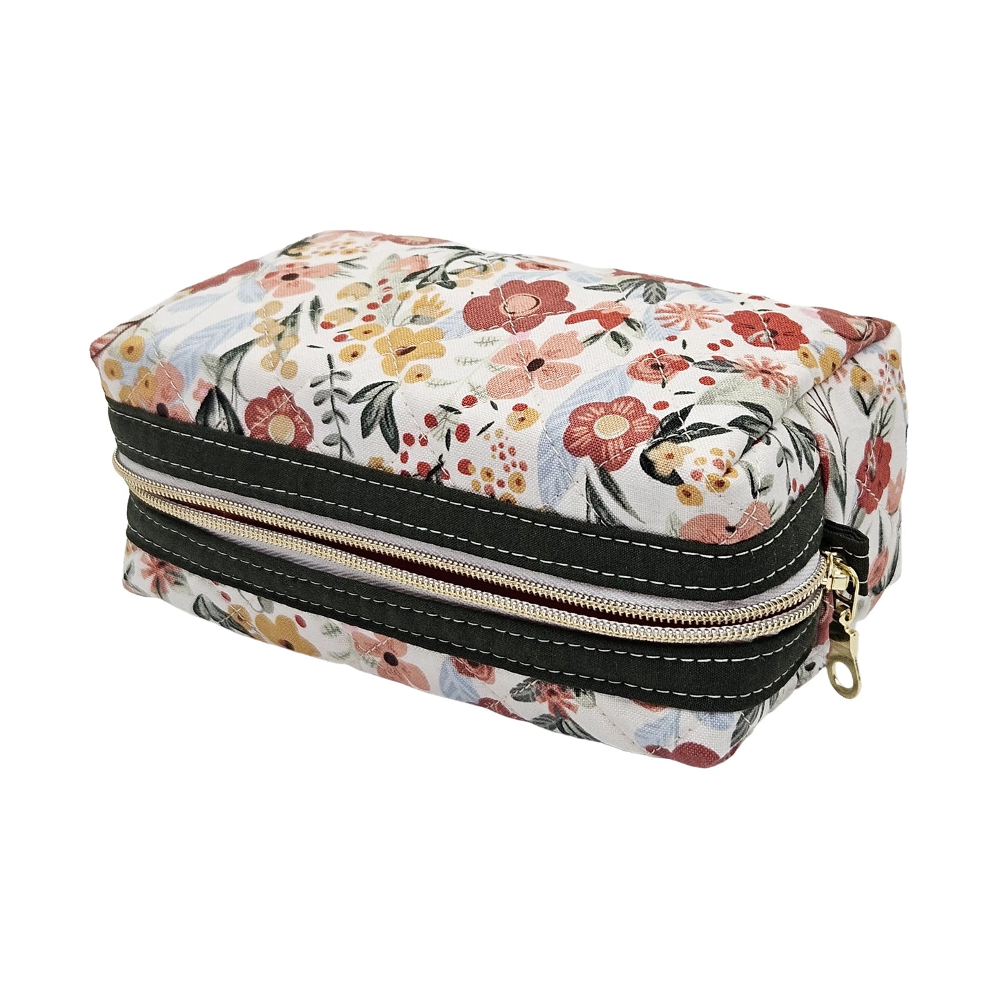 Burnt Red Floral Sage Green Accented Quilted Pattern Mini Zipper Box Pouch