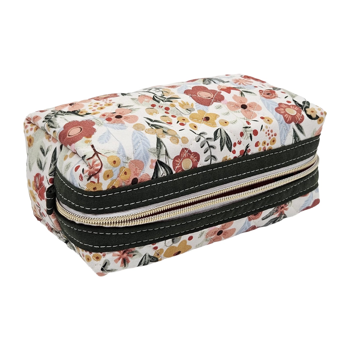 Burnt Red Floral Sage Green Accented Quilted Pattern Mini Zipper Box Pouch