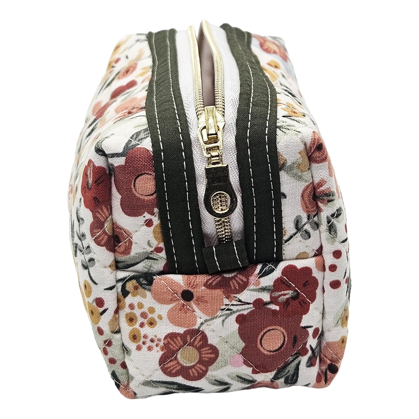 Burnt Red Floral Sage Green Accented Quilted Pattern Mini Zipper Box Pouch