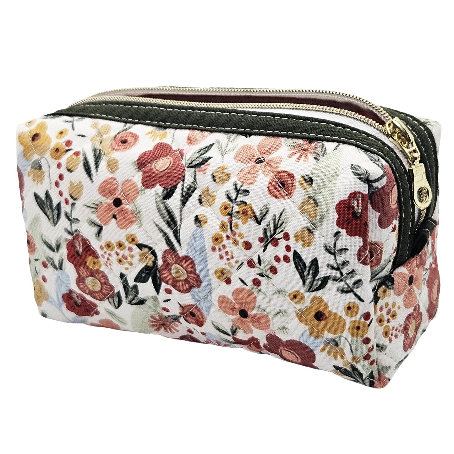 Burnt Red Floral Sage Green Accented Quilted Pattern Mini Zipper Box Pouch
