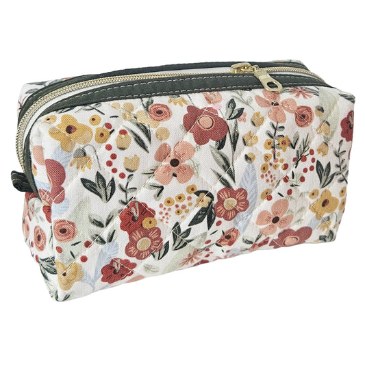 Burnt Red Floral Sage Green Accented Quilted Pattern Mini Zipper Box Pouch