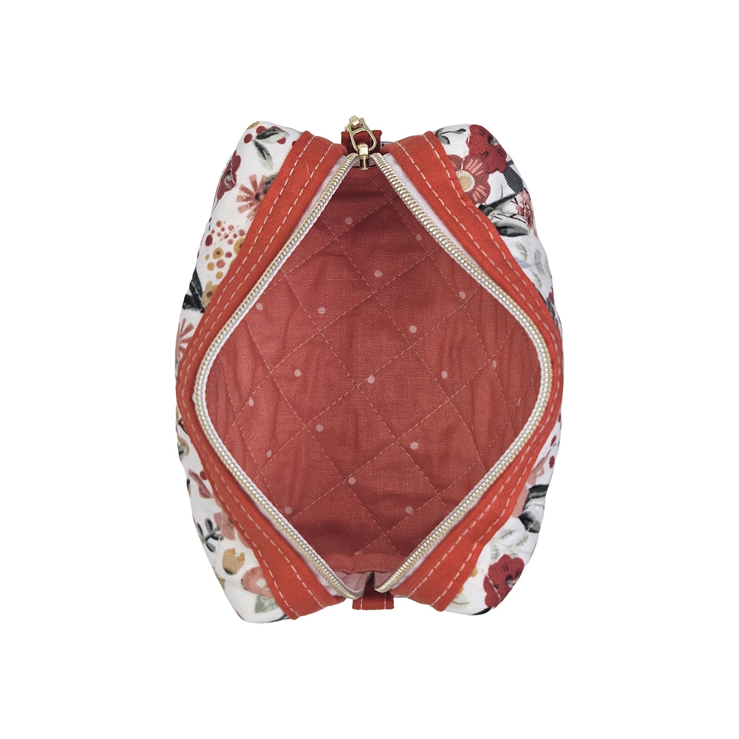 Burnt Red Floral Accented Quilted Pattern Mini Zipper Box Pouch