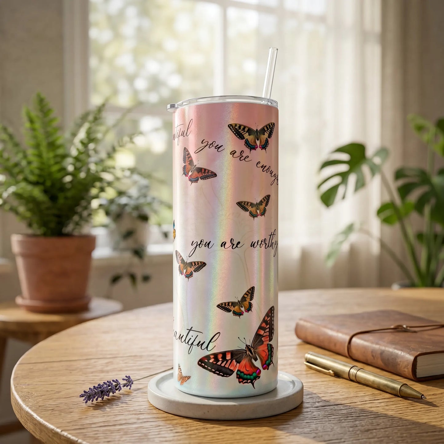 Holographic Butterflies Daily Affirmations 20oz Skinny Tumbler