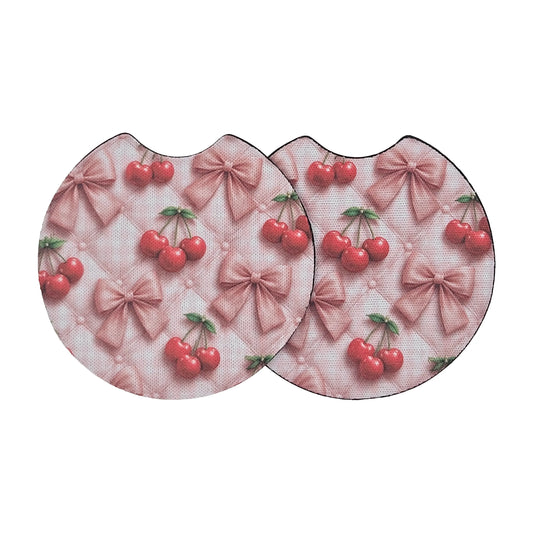 Cherry Pink Ribbon 2 Pack Neoprene Car Coaster Set