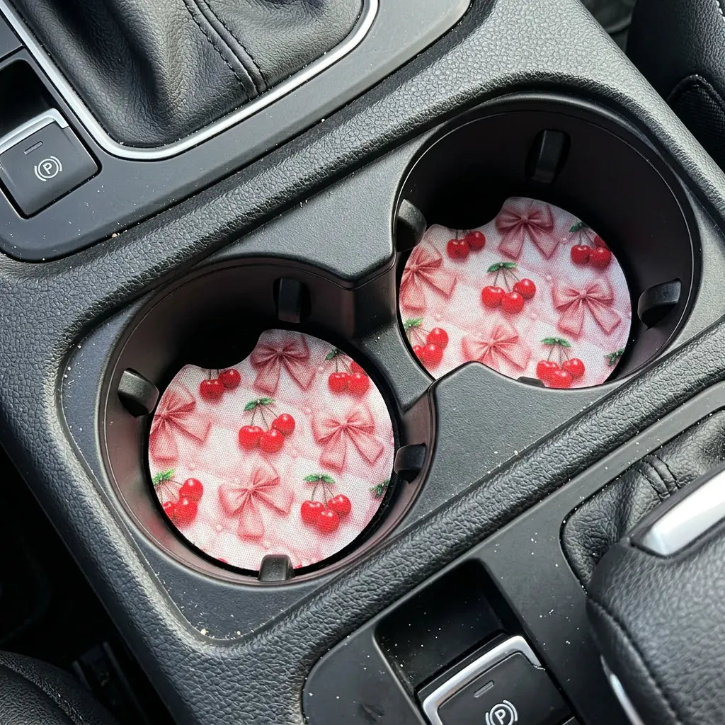 Cherry Pink Ribbon 2 Pack Neoprene Car Coaster Set