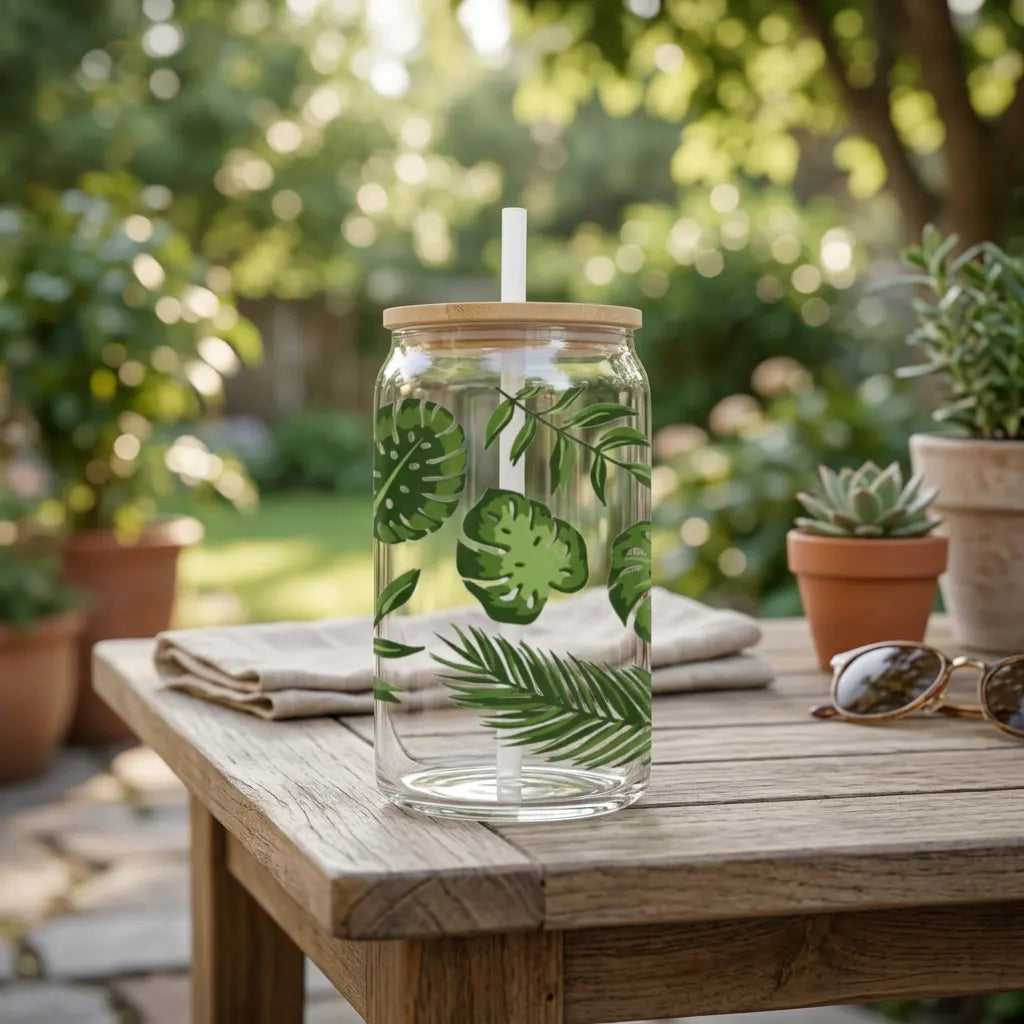 Tropical Monstera Palm Leaf 16oz Clear Glass Can Set