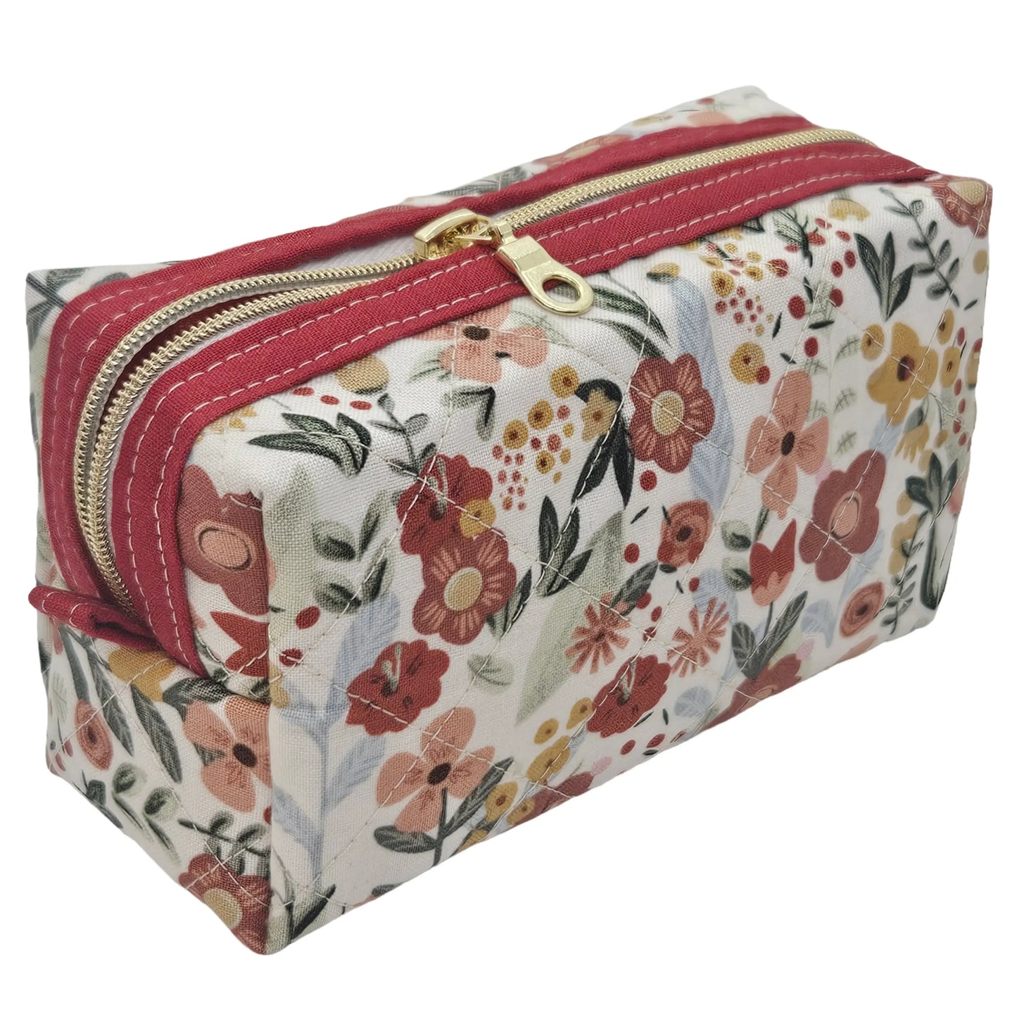 Cranberry Red Floral Accented Quilted Pattern Mini Zipper Box Pouch