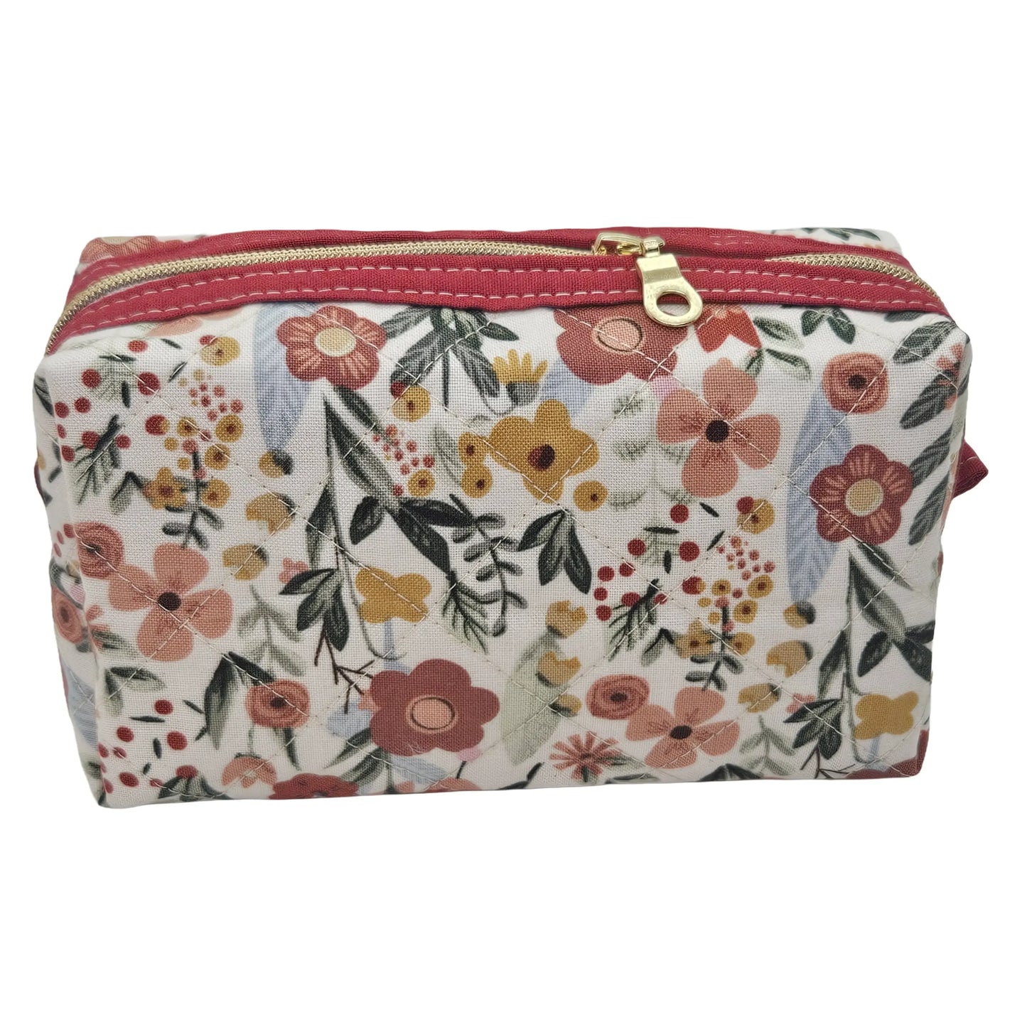 Cranberry Red Floral Accented Quilted Pattern Mini Zipper Box Pouch