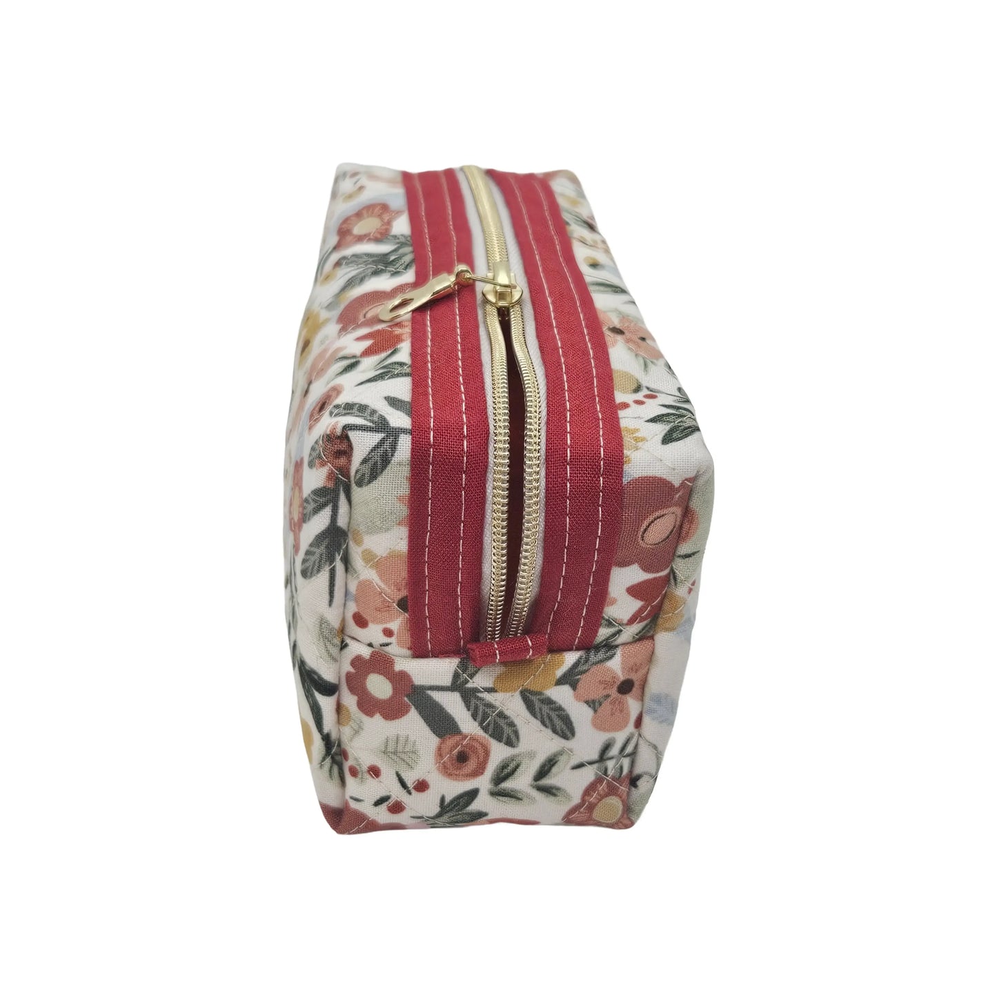 Cranberry Red Floral Accented Quilted Pattern Mini Zipper Box Pouch