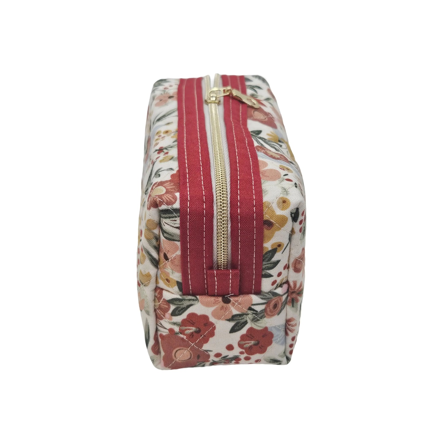 Cranberry Red Floral Accented Quilted Pattern Mini Zipper Box Pouch