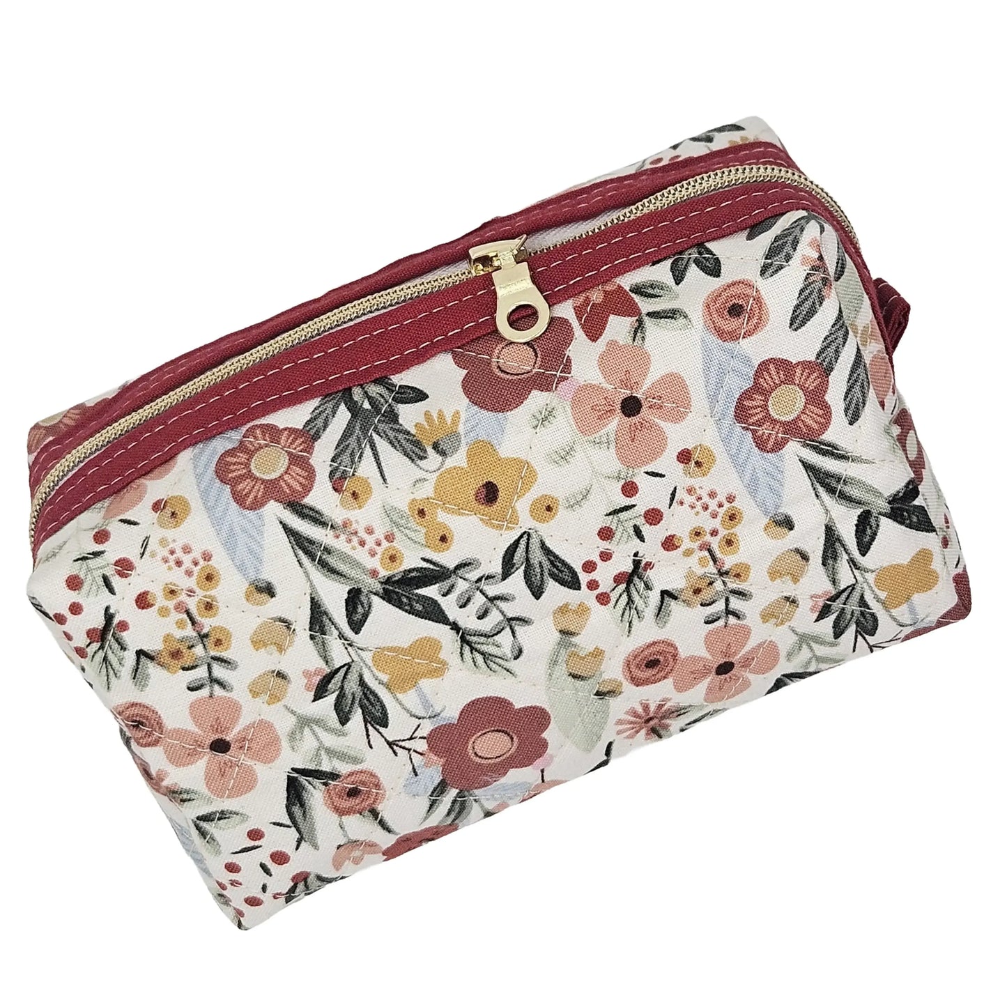 Cranberry Red Floral Accented Quilted Pattern Mini Zipper Box Pouch