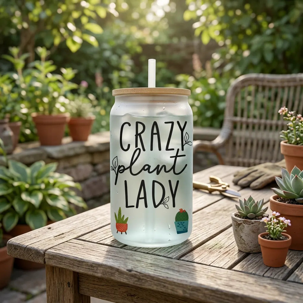 Crazy Plant Lady 16oz Frosted Glass Can Set