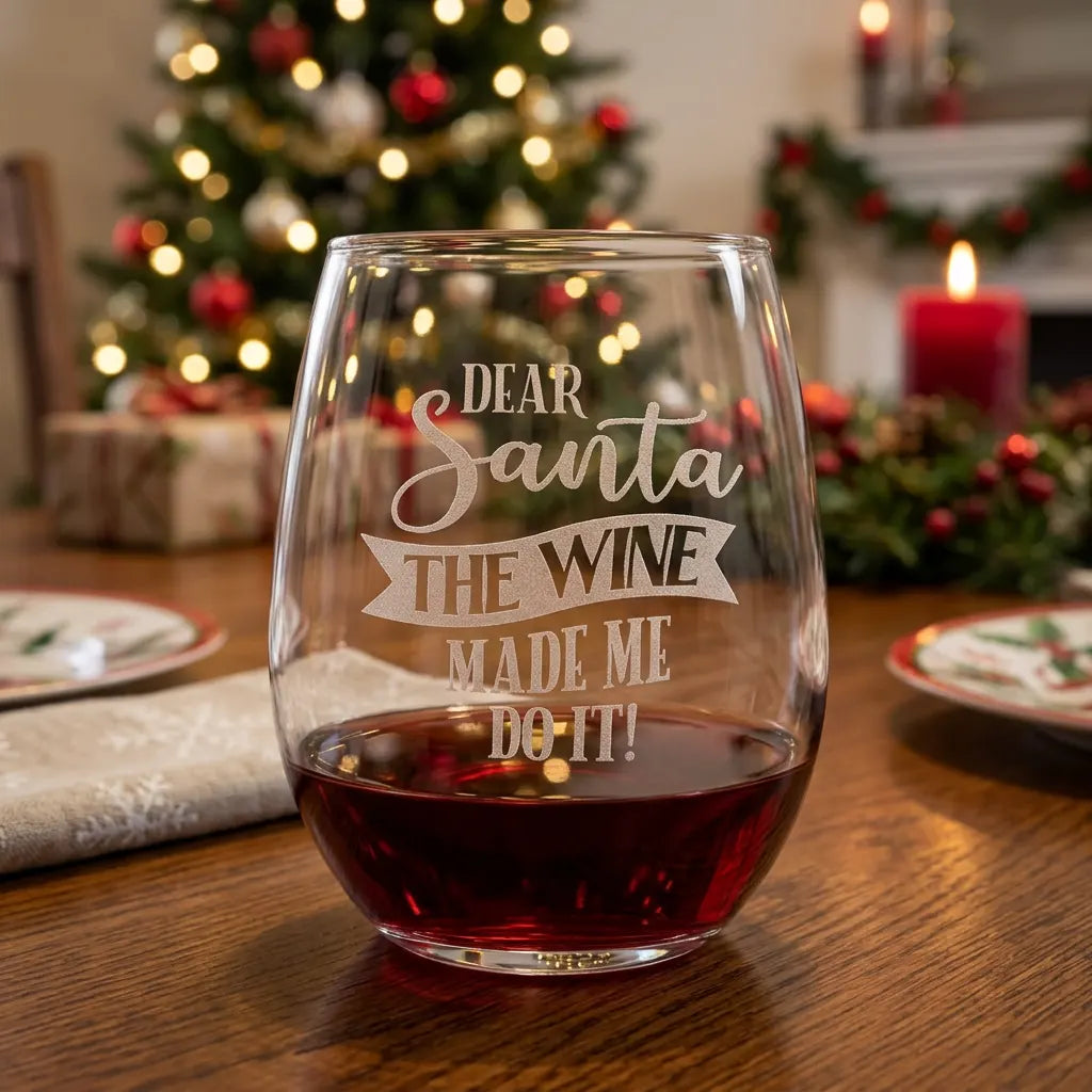 Dear Santa The Wine Made Me Do It Etched Stemless Wine Glass