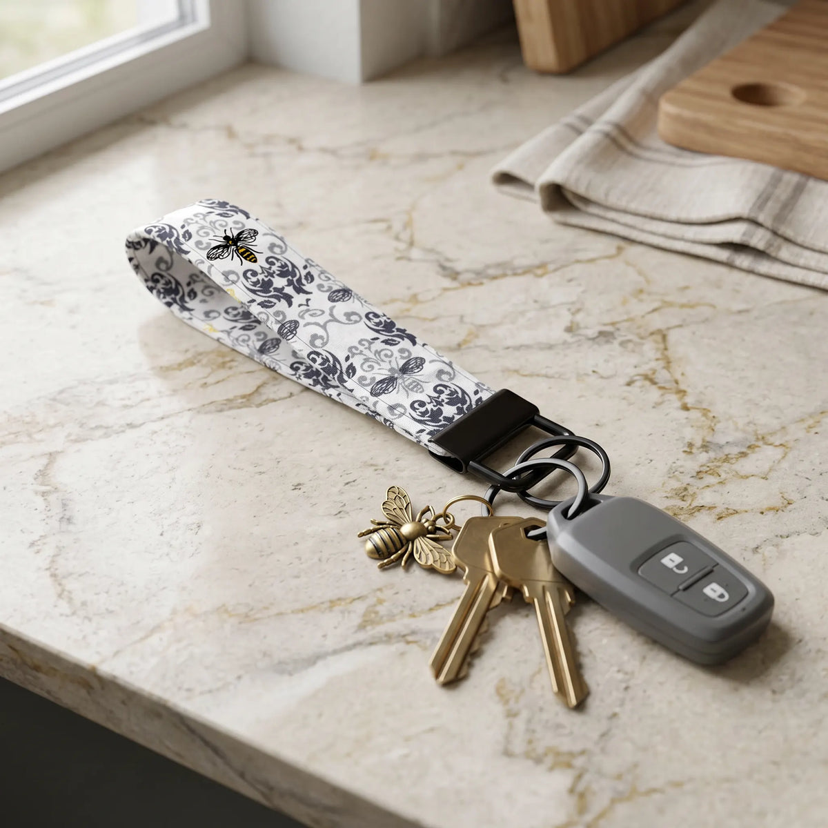Damask Honeybee Keychain Wristlet