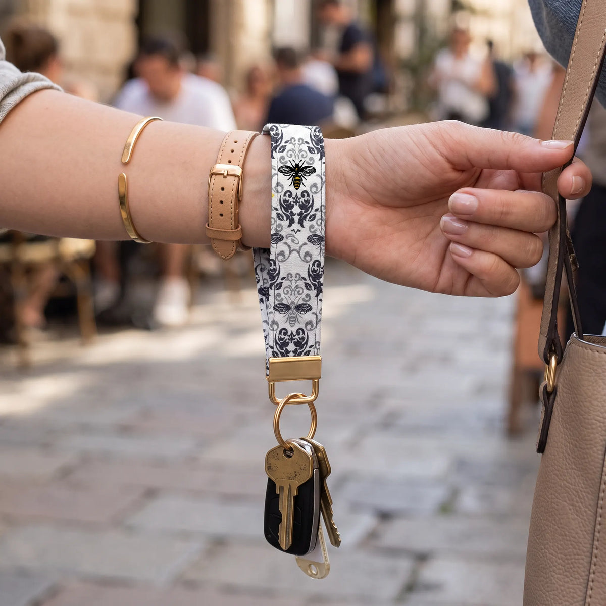 Damask Honeybee Keychain Wristlet