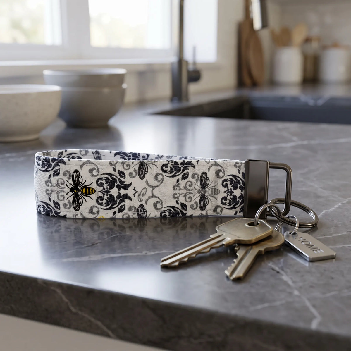 Damask Honeybee Keychain Wristlet