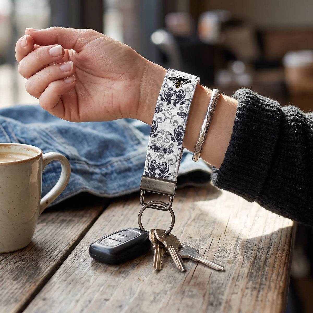 Damask Honeybee Keychain Wristlet
